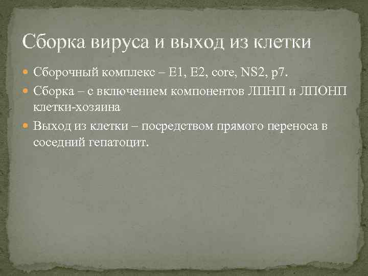 Сборка вируса и выход из клетки Сборочный комплекс – E 1, E 2, core,