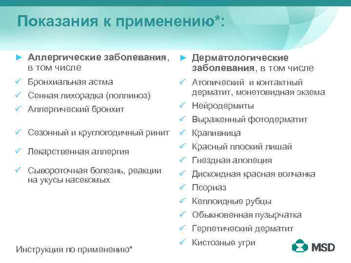 Показания к применению*: ► Аллергические заболевания, ► Дерматологические в том числе ü Бронхиальная астма