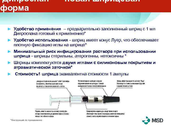 Дипроспан - новая шприцевая форма ► Удобство применения – предварительно заполненный шприц с 1