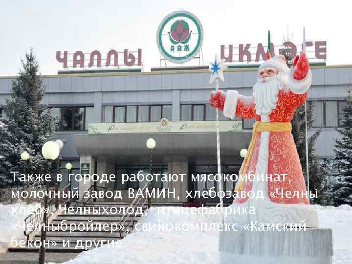 Также в городе работают мясокомбинат, молочный завод ВАМИН, хлебозавод «Челны хлеб» , Челныхолод, птицефабрика