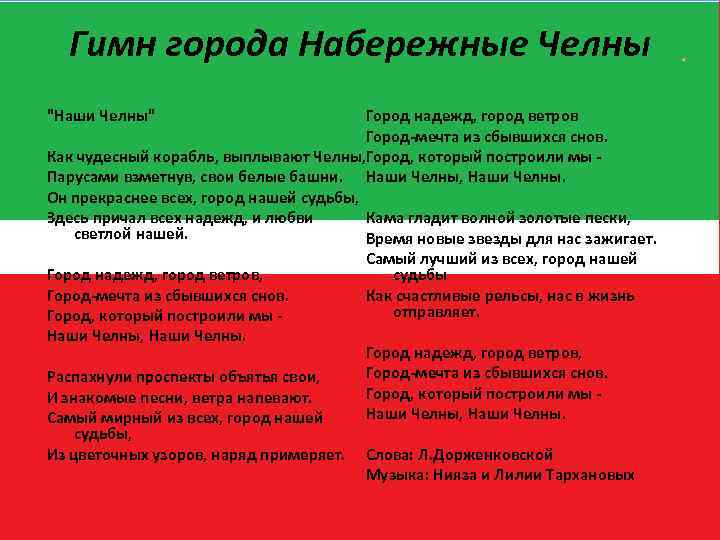 Гимн города Набережные Челны "Наши Челны" Город надежд, город ветров Город-мечта из сбывшихся снов.