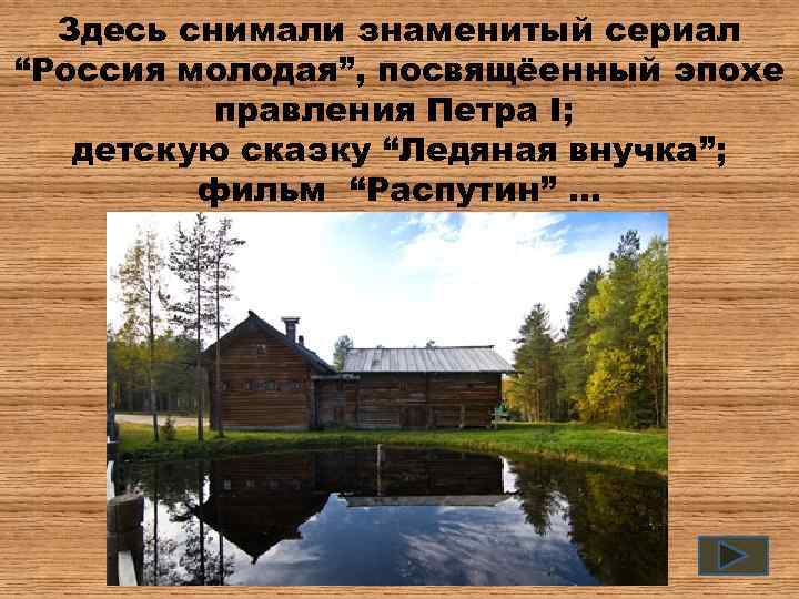 Здесь снимали знаменитый сериал “Россия молодая”, посвящёенный эпохе правления Петра I; детскую сказку “Ледяная