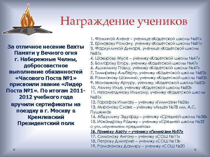 Награждение учеников За отличное несение Вахты Памяти у Вечного огня г. Набережные Челны, добросовестное