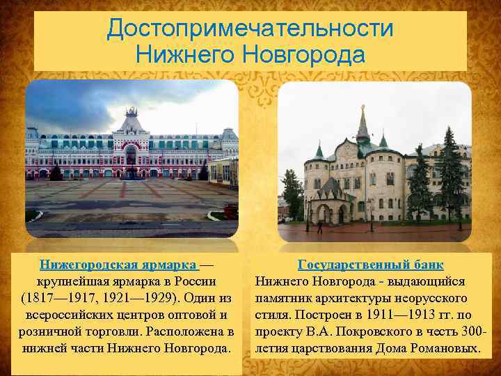 Достопримечательности Нижнего Новгорода Нижегородская ярмарка — крупнейшая ярмарка в России (1817— 1917, 1921— 1929).