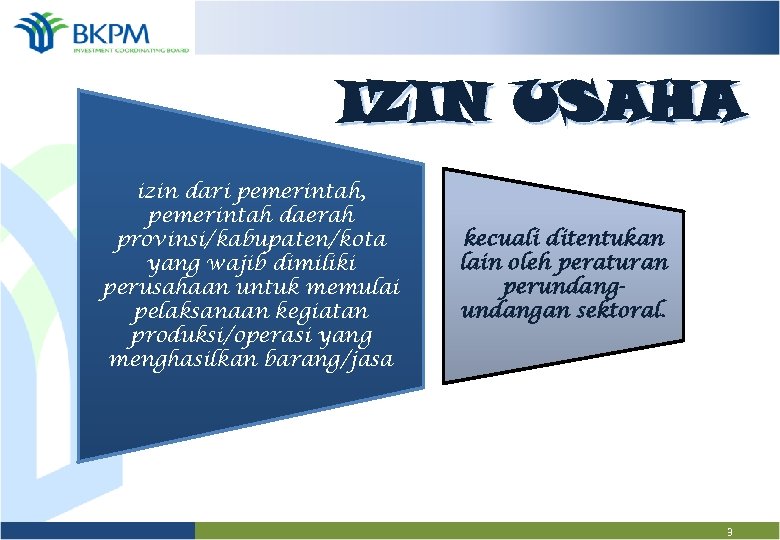 IZIN USAHA izin dari pemerintah, pemerintah daerah provinsi/kabupaten/kota yang wajib dimiliki perusahaan untuk memulai