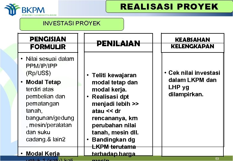 REALISASI PROYEK INVESTASI PROYEK PENGISIAN FORMULIR • Nilai sesuai dalam PPM/IP/IPP (Rp/US$) • Modal