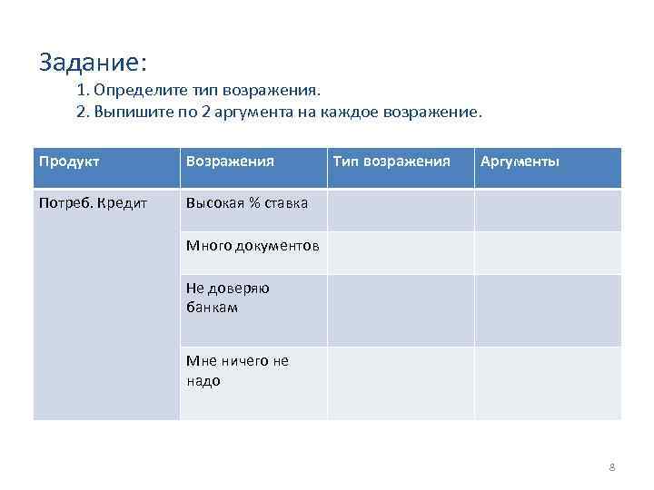Задание: 1. Определите тип возражения. 2. Выпишите по 2 аргумента на каждое возражение. Продукт