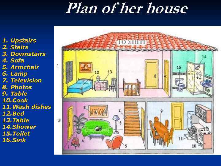 Plan of her house 1. Upstairs 2. Stairs 3. Downstairs 4. Sofa 5. Armchair