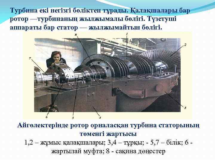 Турбина екі негізгі бөліктен тұрады. Қалақшалары бар ротор —турбинаның жылжымалы бөлігі. Түзетуші аппараты бар