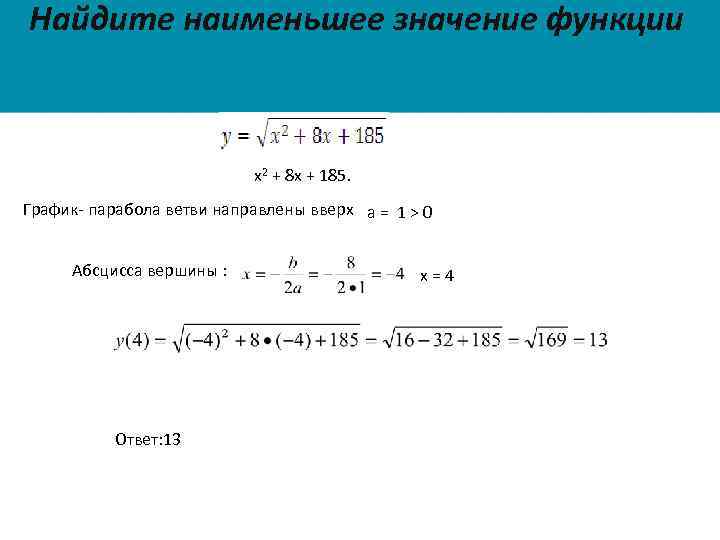 Найдите наименьшее значение функции х2 + 8 х + 185. График- парабола ветви направлены