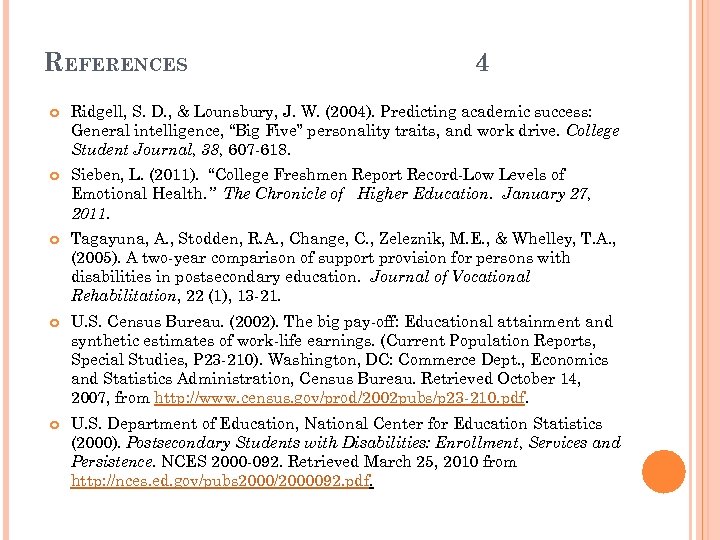 REFERENCES 4 Ridgell, S. D. , & Lounsbury, J. W. (2004). Predicting academic success: