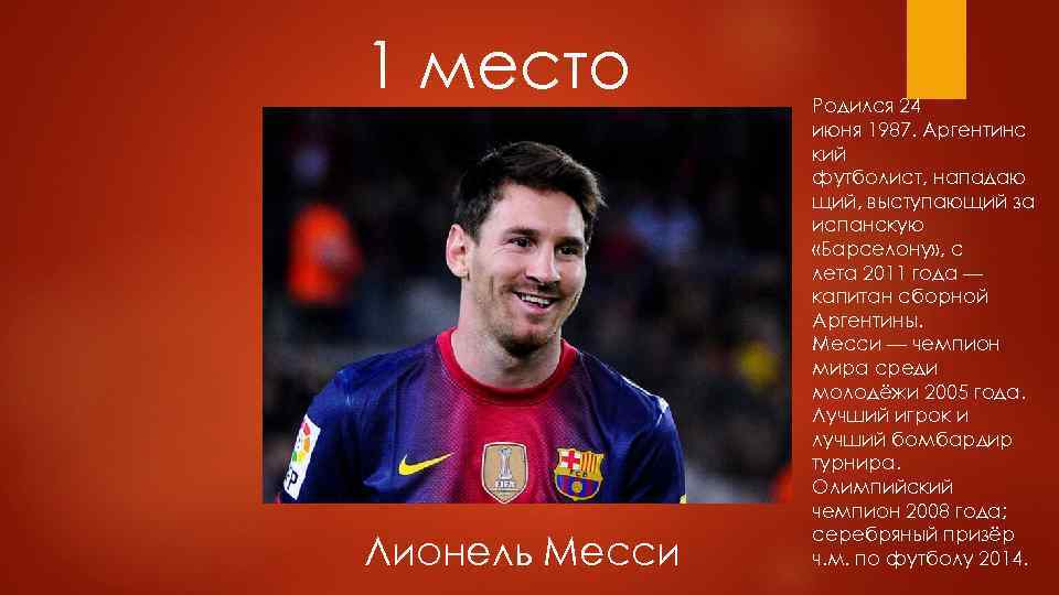 1 место Лионель Месси Родился 24 июня 1987. Аргентинс кий футболист, нападаю щий, выступающий