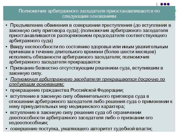 Полномочия арбитражного заседателя приостанавливаются по следующим основаниям • Предъявление обвинения в совершении преступления (до