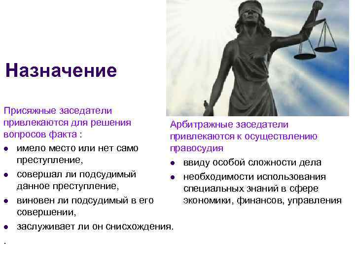 Назначение Присяжные заседатели привлекаются для решения Арбитражные заседатели вопросов факта : привлекаются к осуществлению