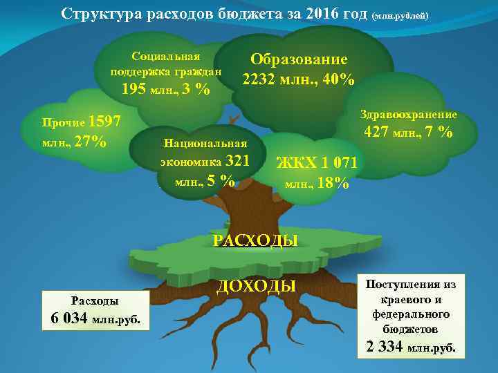 Структура расходов бюджета за 2016 год (млн. рублей) Социальная поддержка граждан 195 млн. ,