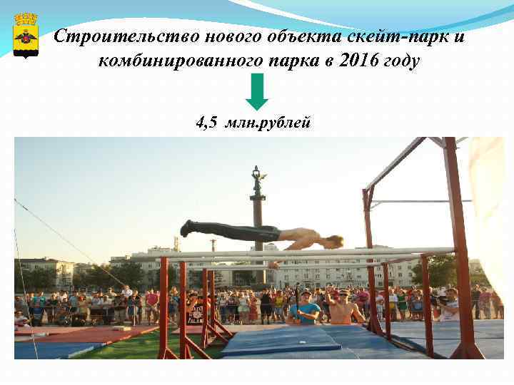Строительство нового объекта скейт-парк и комбинированного парка в 2016 году 4, 5 млн. рублей