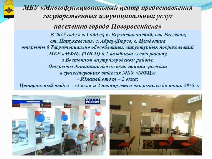 МБУ «Многофункциональный центр предоставления государственных и муниципальных услуг населению города Новороссийска» В 2015 году