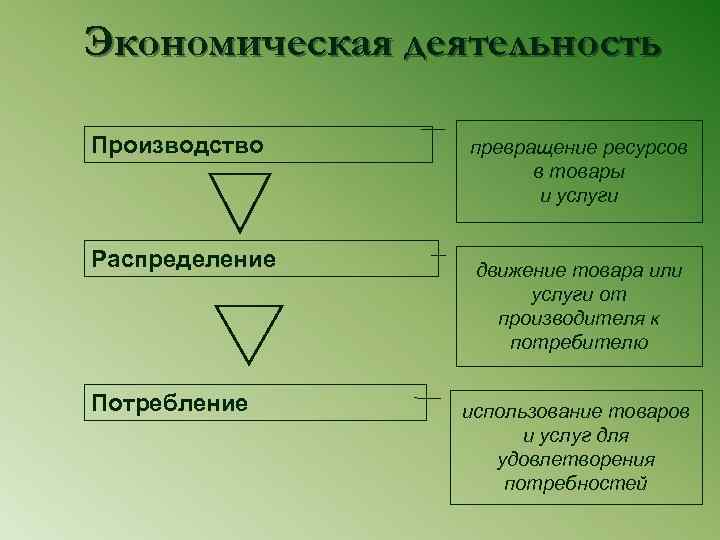 Экономическая деятельность Производство Распределение Потребление превращение ресурсов в товары и услуги движение товара или