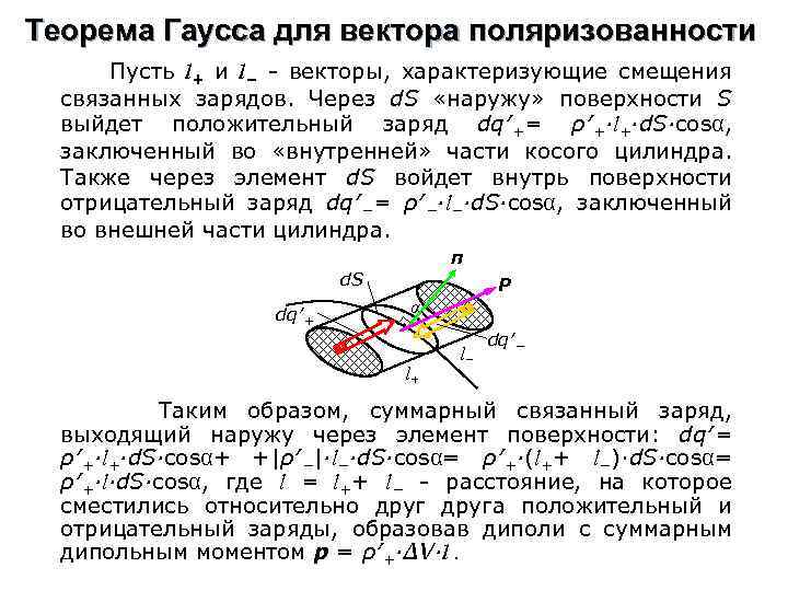 Теорема Гаусса для вектора поляризованности Пусть l+ и l− - векторы, характеризующие смещения связанных