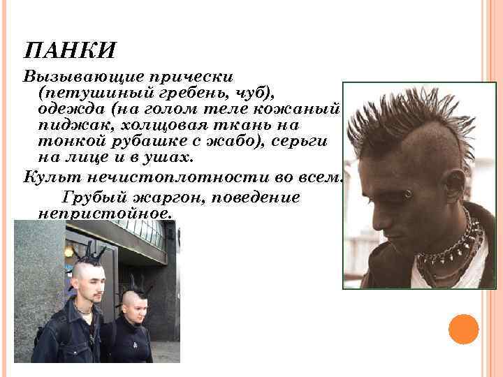 ПАНКИ Вызывающие прически (петушиный гребень, чуб), одежда (на голом теле кожаный пиджак, холщовая ткань