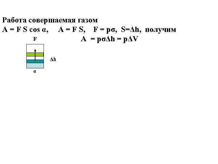 Работа совершаемая газом А = F S cos α, А = F S, F