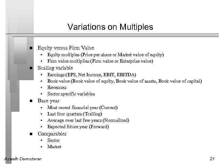 Variations on Multiples Equity versus Firm Value • • Scaling variable • • Earnings