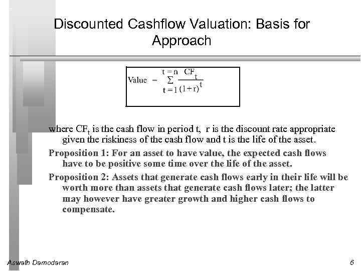 Discounted Cashflow Valuation: Basis for Approach where CFt is the cash flow in period