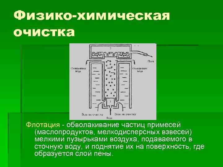 Физико-химическая очистка Флотация - обволакивание частиц примесей (маслопродуктов, мелкодисперсных взвесей) мелкими пузырьками воздуха, подаваемого