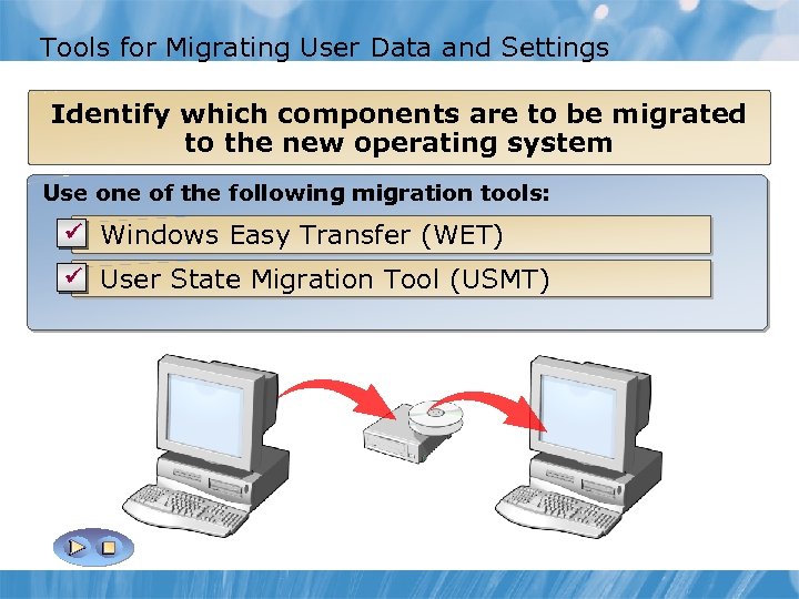 Tools for Migrating User Data and Settings What to migrate Identify which components are