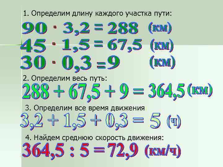 1. Определим длину каждого участка пути: 2. Определим весь путь: 3. Определим все время