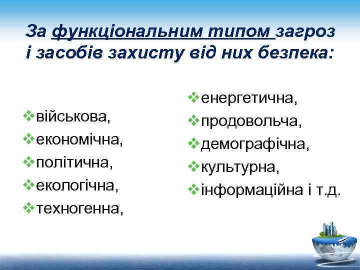 За функціональним типом загроз і засобів захисту від них безпека: vвійськова, vекономічна, vполітична, vекологічна,