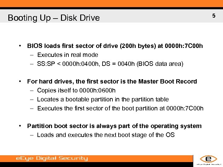 Booting Up – Disk Drive • BIOS loads first sector of drive (200 h