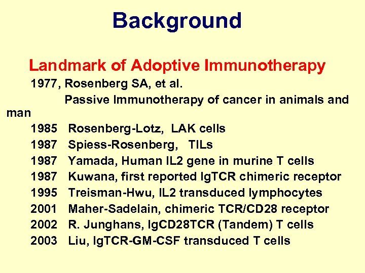 Background Landmark of Adoptive Immunotherapy 1977, Rosenberg SA, et al. Passive Immunotherapy of cancer