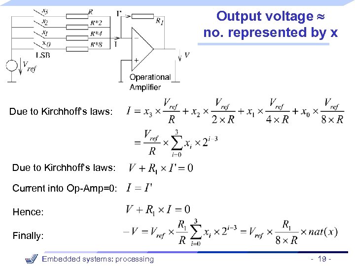 Output voltage no. represented by x Due to Kirchhoff‘s laws: Current into Op-Amp=0: Hence: