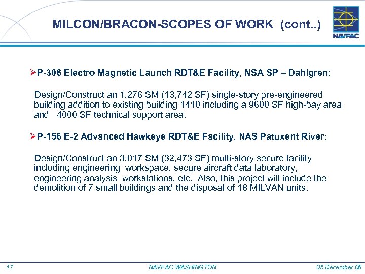 MILCON/BRACON-SCOPES OF WORK (cont. . ) ØP-306 Electro Magnetic Launch RDT&E Facility, NSA SP