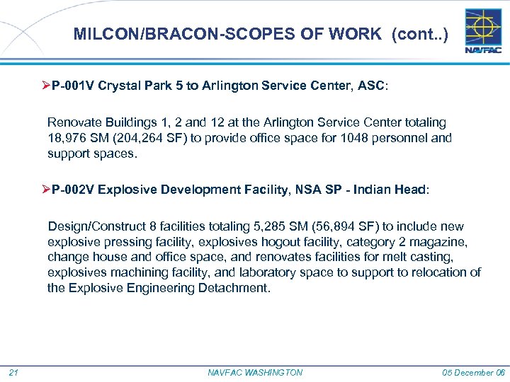MILCON/BRACON-SCOPES OF WORK (cont. . ) ØP-001 V Crystal Park 5 to Arlington Service