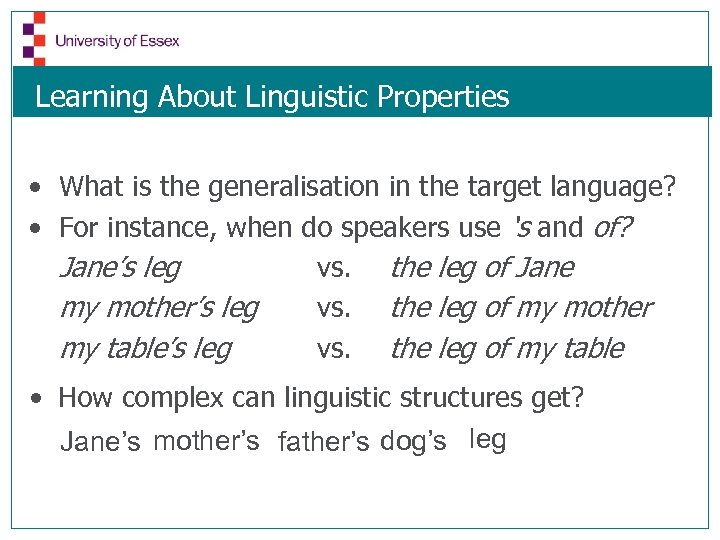 Learning About Linguistic Properties • What is the generalisation in the target language? •
