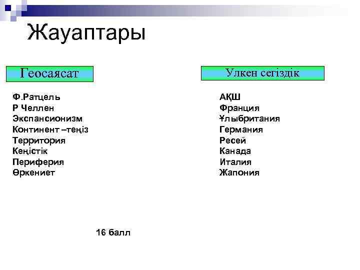  Жауаптары Геосаясат Улкен сегіздік Ф. Ратцель Р Челлен Экспансионизм Континент –теңіз Территория Кеңістік