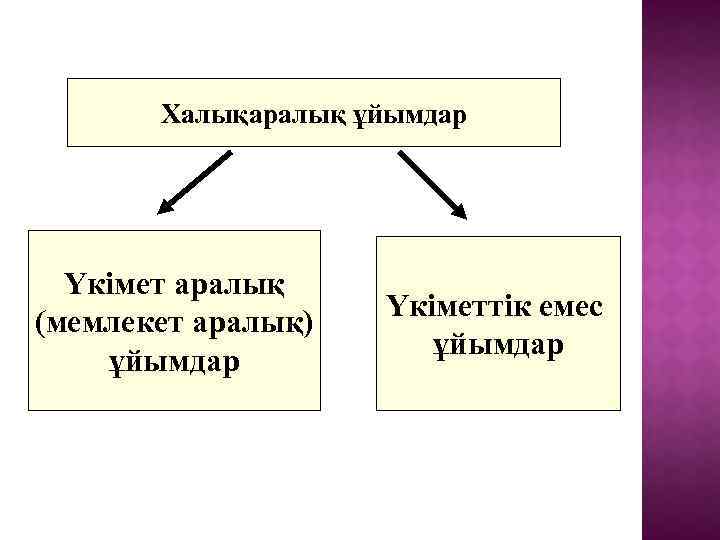 Халықаралық ұйымдар Үкімет аралық (мемлекет аралық) ұйымдар Үкіметтік емес ұйымдар 