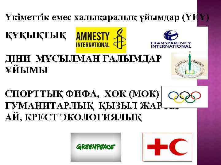 Үкіметтік емес халықаралық ұйымдар (ҮЕҰ) ҚҰҚЫҚТЫҚ ДІНИ МҰСЫЛМАН ҒАЛЫМДАР ҰЙЫМЫ СПОРТТЫҚ ФИФА, ХОК (МОК)