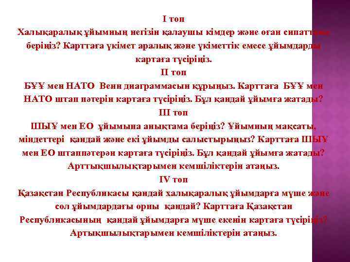 I топ Халықаралық ұйымның негізін қалаушы кімдер және оған сипаттама беріңіз? Карттаға үкімет аралық