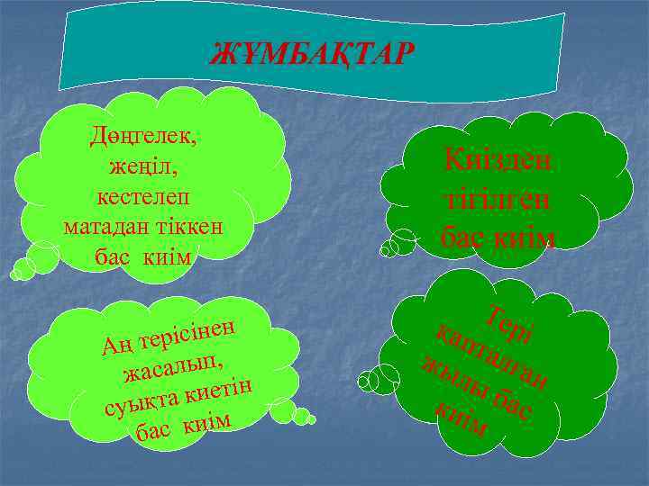 ЖҰМБАҚТАР Дөңгелек, жеңіл, кестелеп матадан тіккен бас киім ерісінен Аң т салып, жа а