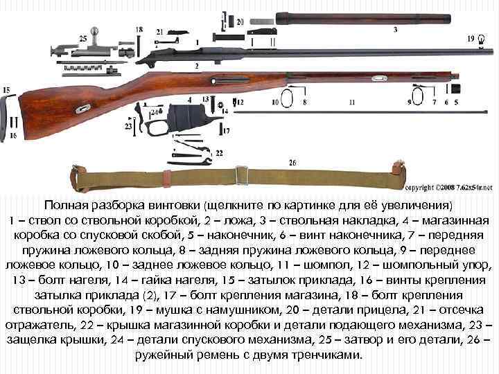 Полная разборка винтовки (щелкните по картинке для её увеличения) 1 – ствол со ствольной