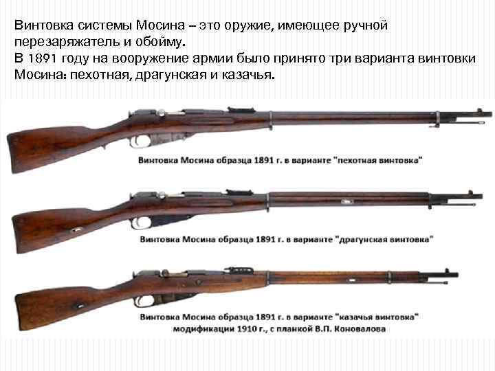 Винтовка системы Мосина – это оружие, имеющее ручной перезаряжатель и обойму. В 1891 году