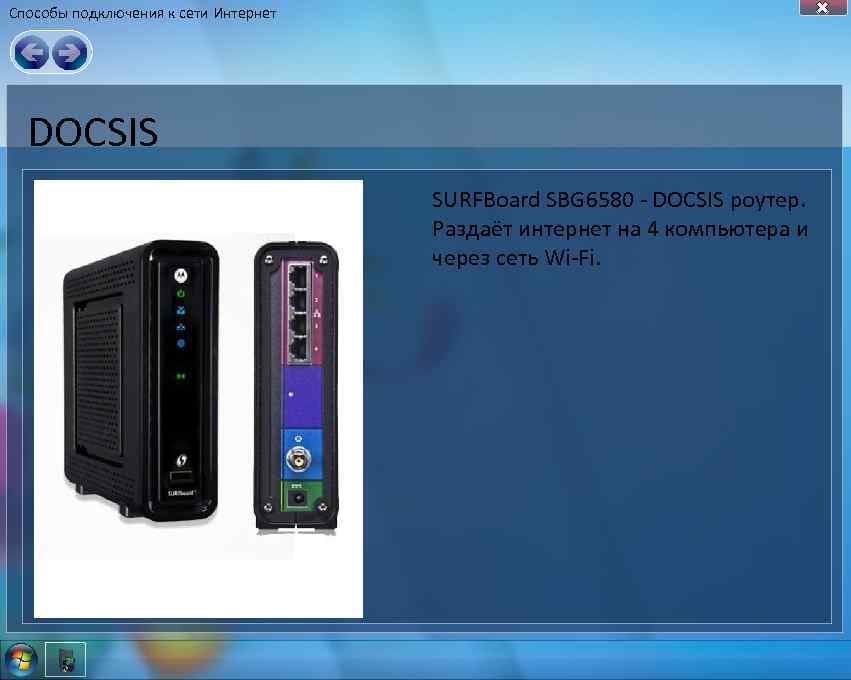 Способы подключения к сети Интернет DOCSIS SURFBoard SBG 6580 - DOCSIS роутер. Раздаёт интернет