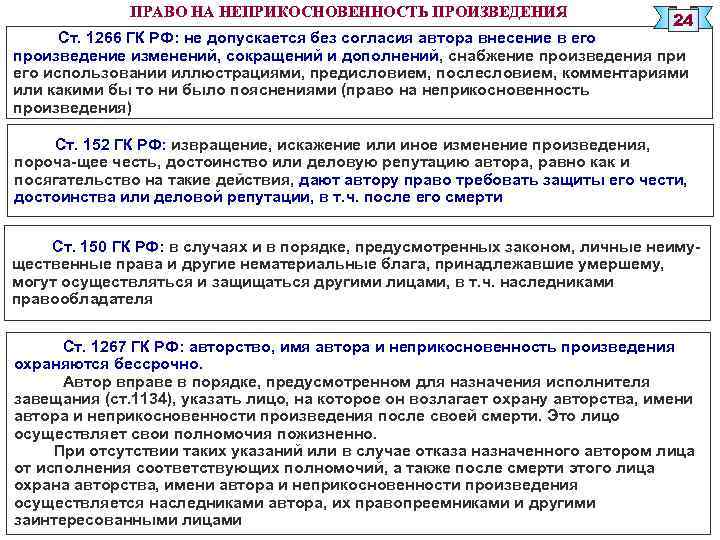 ПРАВО НА НЕПРИКОСНОВЕННОСТЬ ПРОИЗВЕДЕНИЯ 24 Ст. 1266 ГК РФ: не допускается без согласия автора