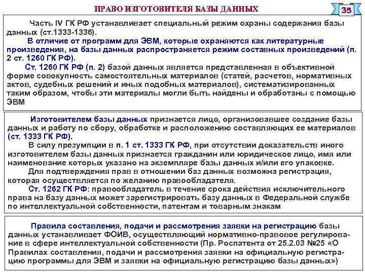 ПРАВО ИЗГОТОВИТЕЛЯ БАЗЫ ДАННЫХ 35 Часть IV ГК РФ устанавливает специальный режим охраны содержания