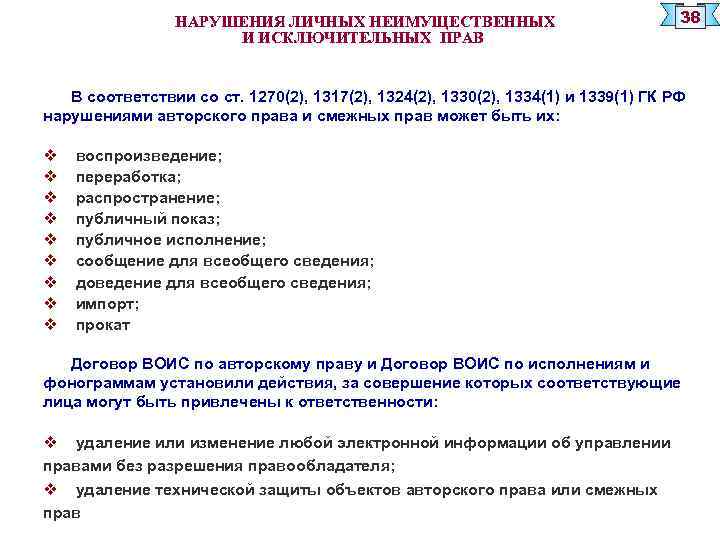 НАРУШЕНИЯ ЛИЧНЫХ НЕИМУЩЕСТВЕННЫХ И ИСКЛЮЧИТЕЛЬНЫХ ПРАВ 38 В соответствии со ст. 1270(2), 1317(2), 1324(2),