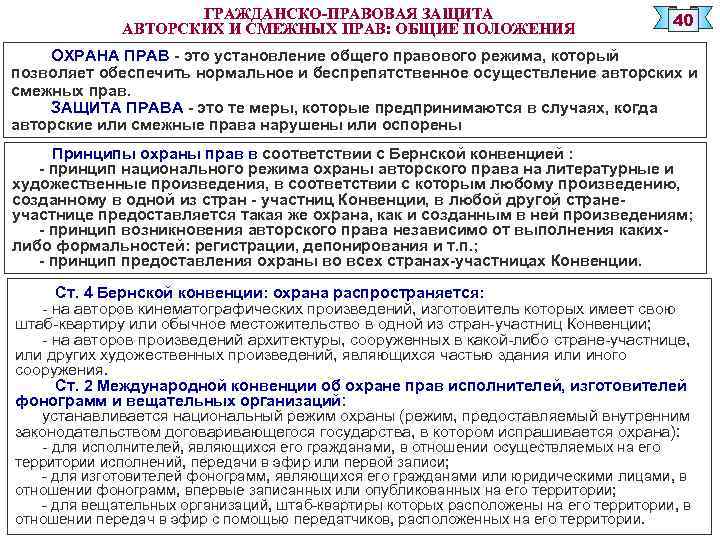 ГРАЖДАНСКО-ПРАВОВАЯ ЗАЩИТА АВТОРСКИХ И СМЕЖНЫХ ПРАВ: ОБЩИЕ ПОЛОЖЕНИЯ 40 ОХРАНА ПРАВ - это установление