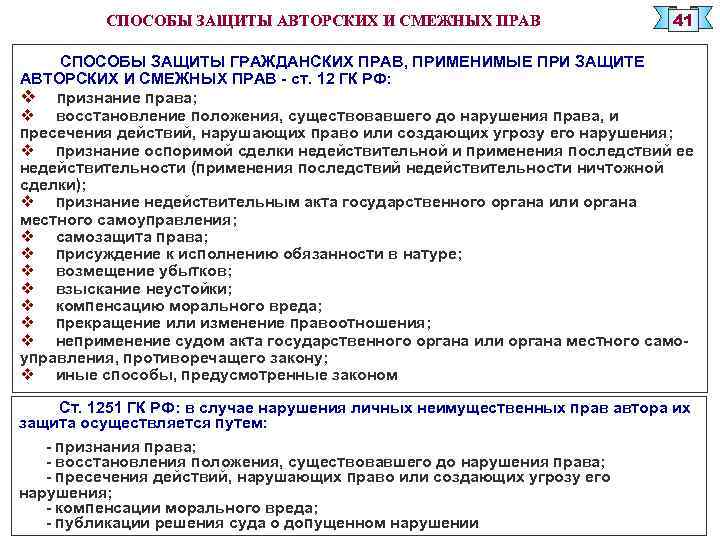 СПОСОБЫ ЗАЩИТЫ АВТОРСКИХ И СМЕЖНЫХ ПРАВ 41 СПОСОБЫ ЗАЩИТЫ ГРАЖДАНСКИХ ПРАВ, ПРИМЕНИМЫЕ ПРИ ЗАЩИТЕ